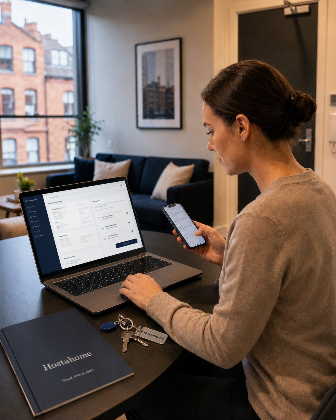 Team member checking guest messages and booking details on a laptop and mobile phone in an apartment.