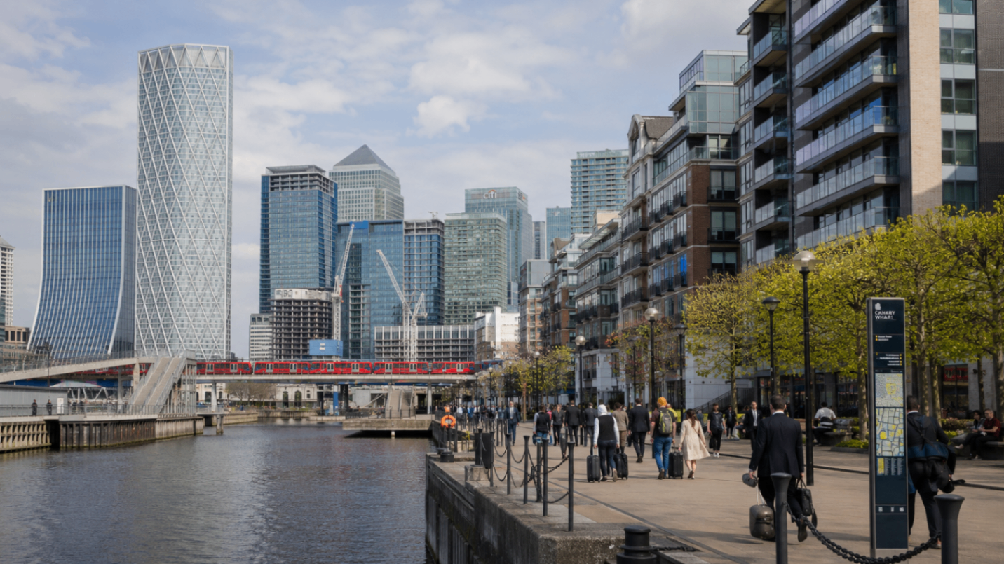 Canary Wharf towers beside the dock on the Isle of Dogs with a red DLR train crossing a bridge, London.