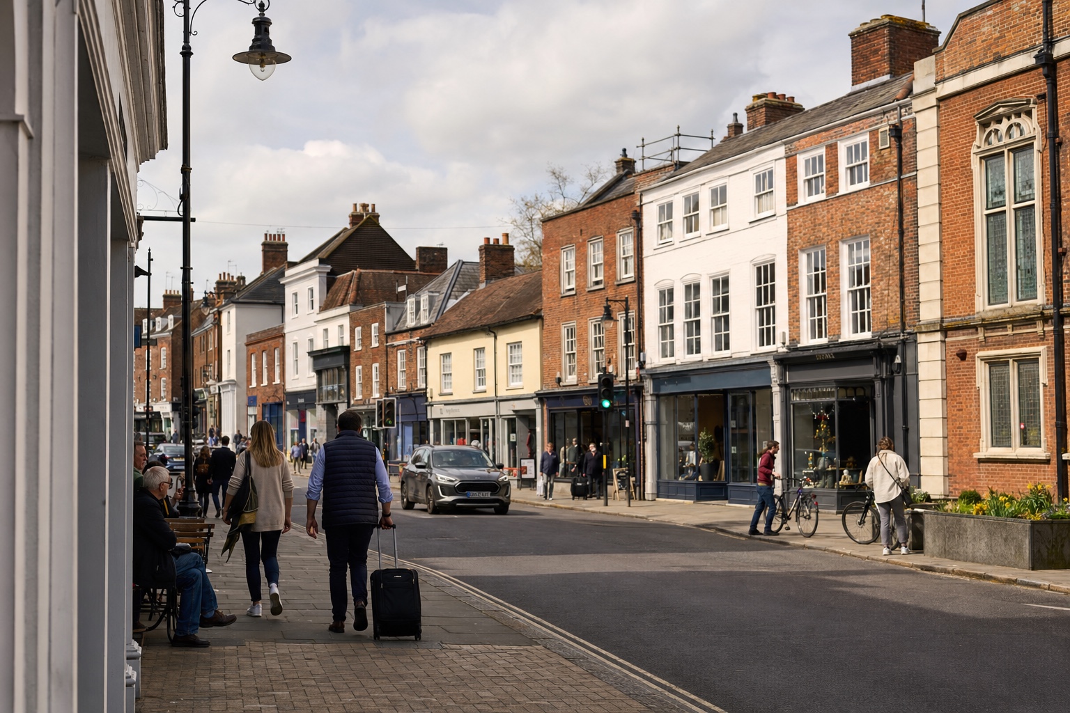 A traditional market-town high street in Hertfordshire.
