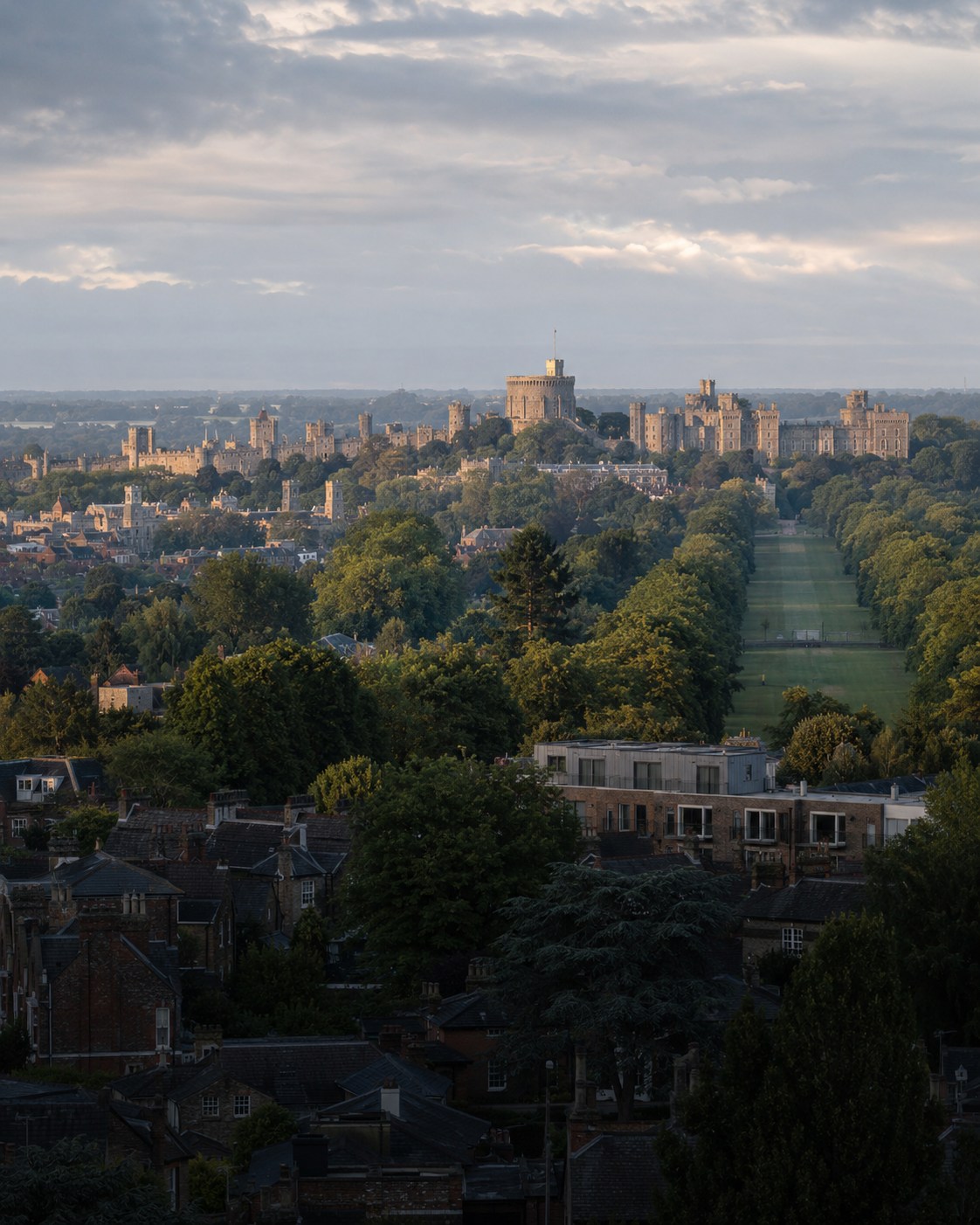 Windsor Castle above rooftops in Berkshire, a Hostahome management area.