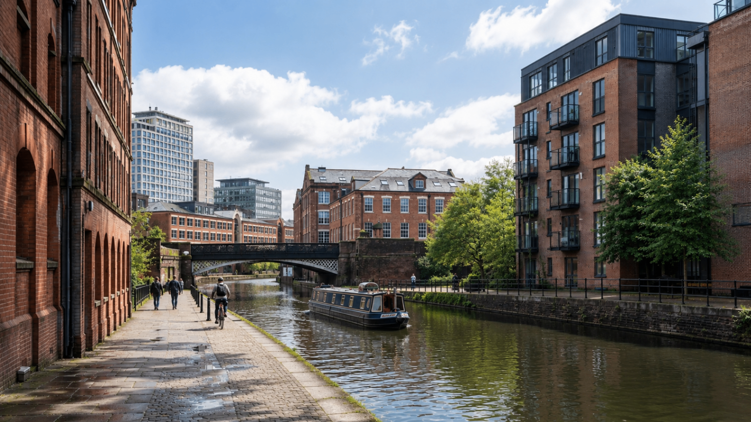 A canal in Ancoats, Manchester, flanked by restored red-brick warehouse apartments Hostahome manages.