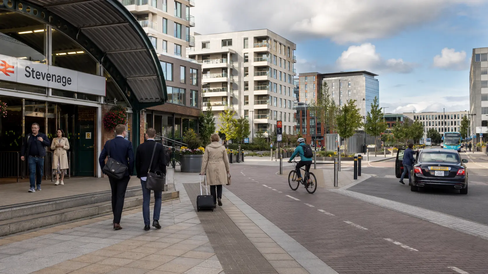 Stevenage railway station and surrounding modern town-centre development.