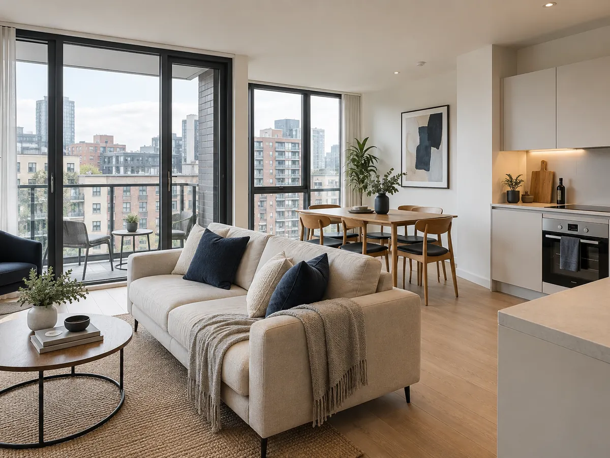 Open-plan apartment with city-facing windows, a sofa, dining area and fitted kitchen.