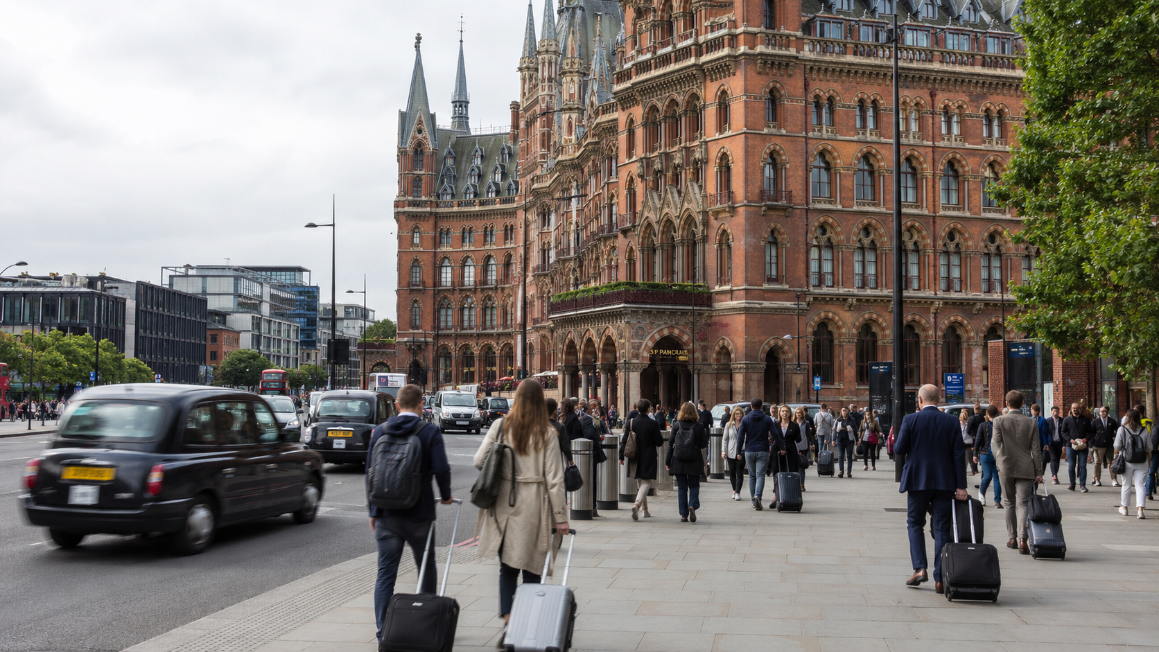 Travellers with luggage outside St Pancras in London, showing business and visitor demand.