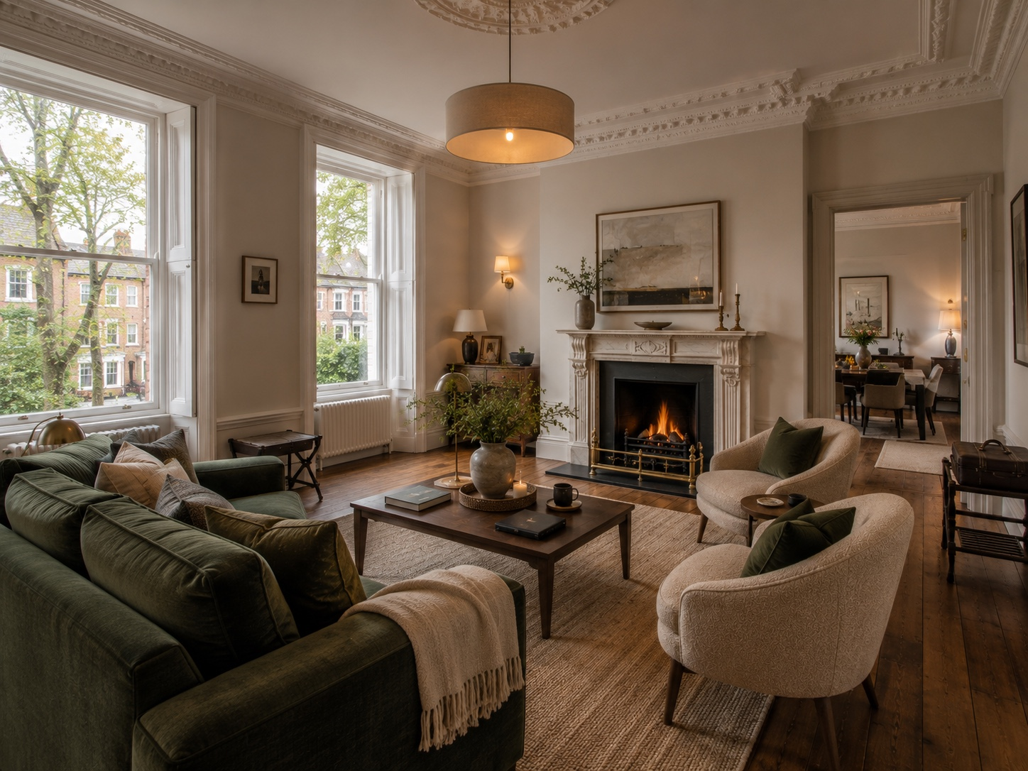 Premium period Manchester living room with fireplace, tall windows and original architectural details.