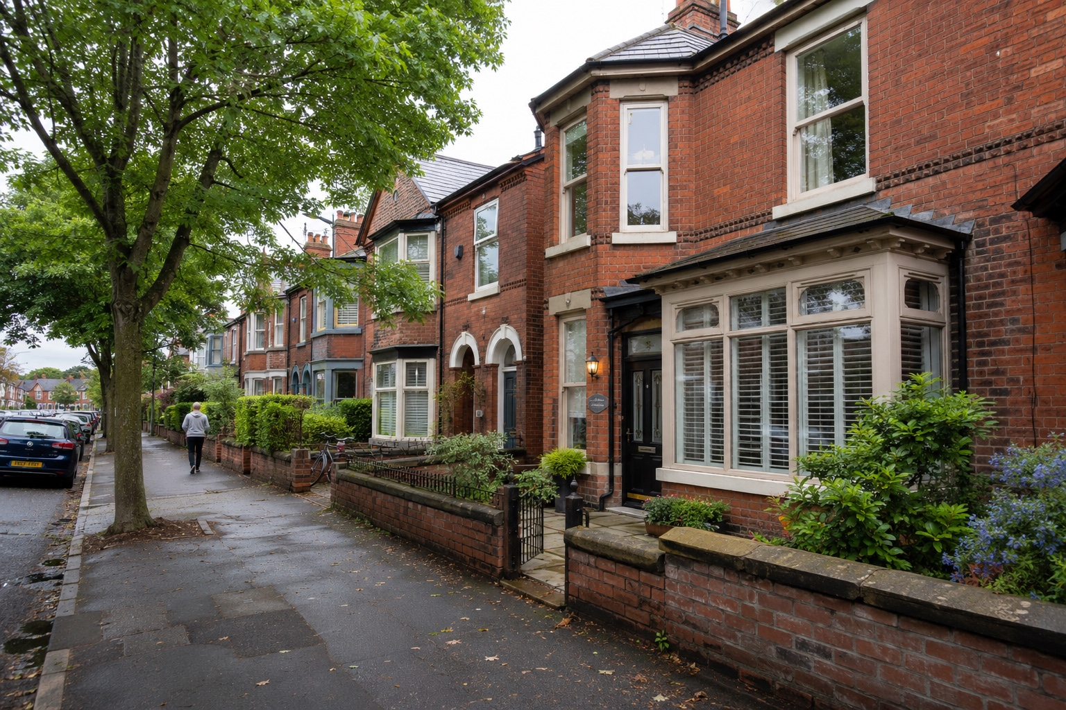 Red-brick period houses on a tree-lined residential street in Manchester.