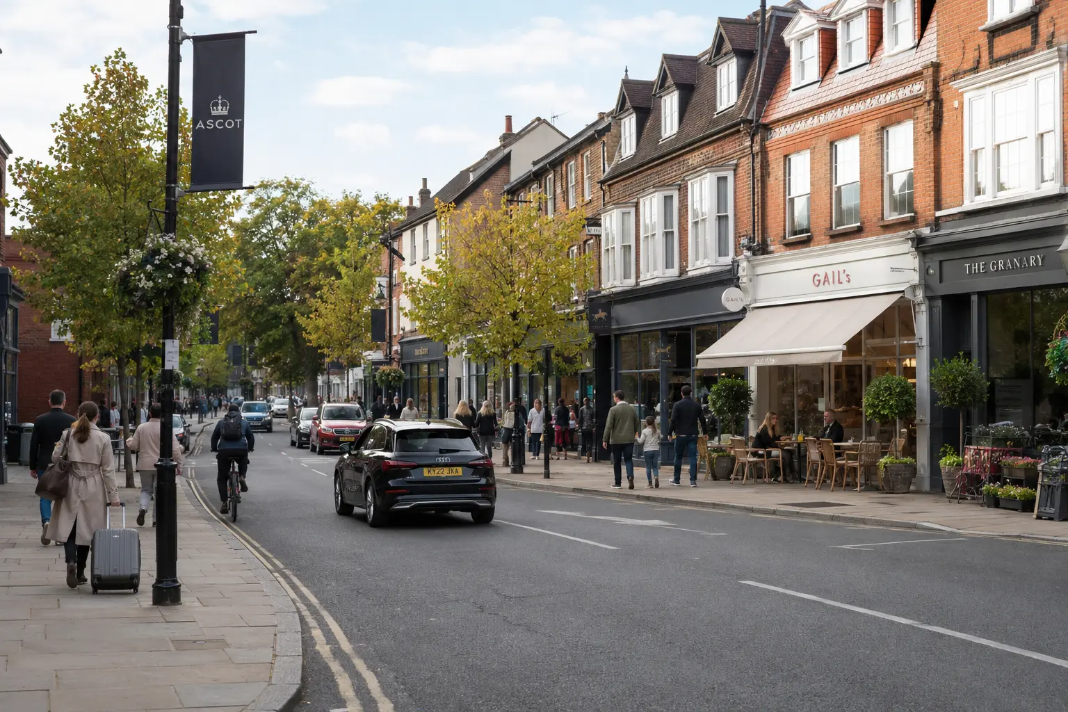 Ascot High Street with an ASCOT banner and independent shops.
