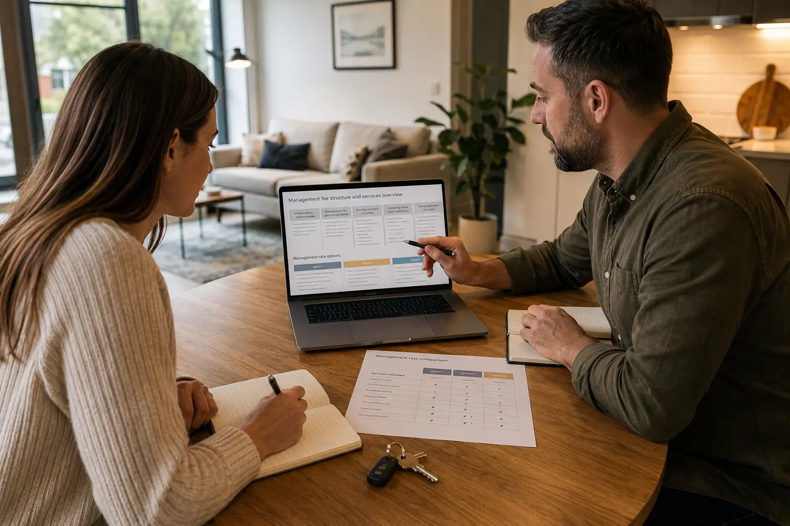 A property owner reviewing short-let management fees and included services.