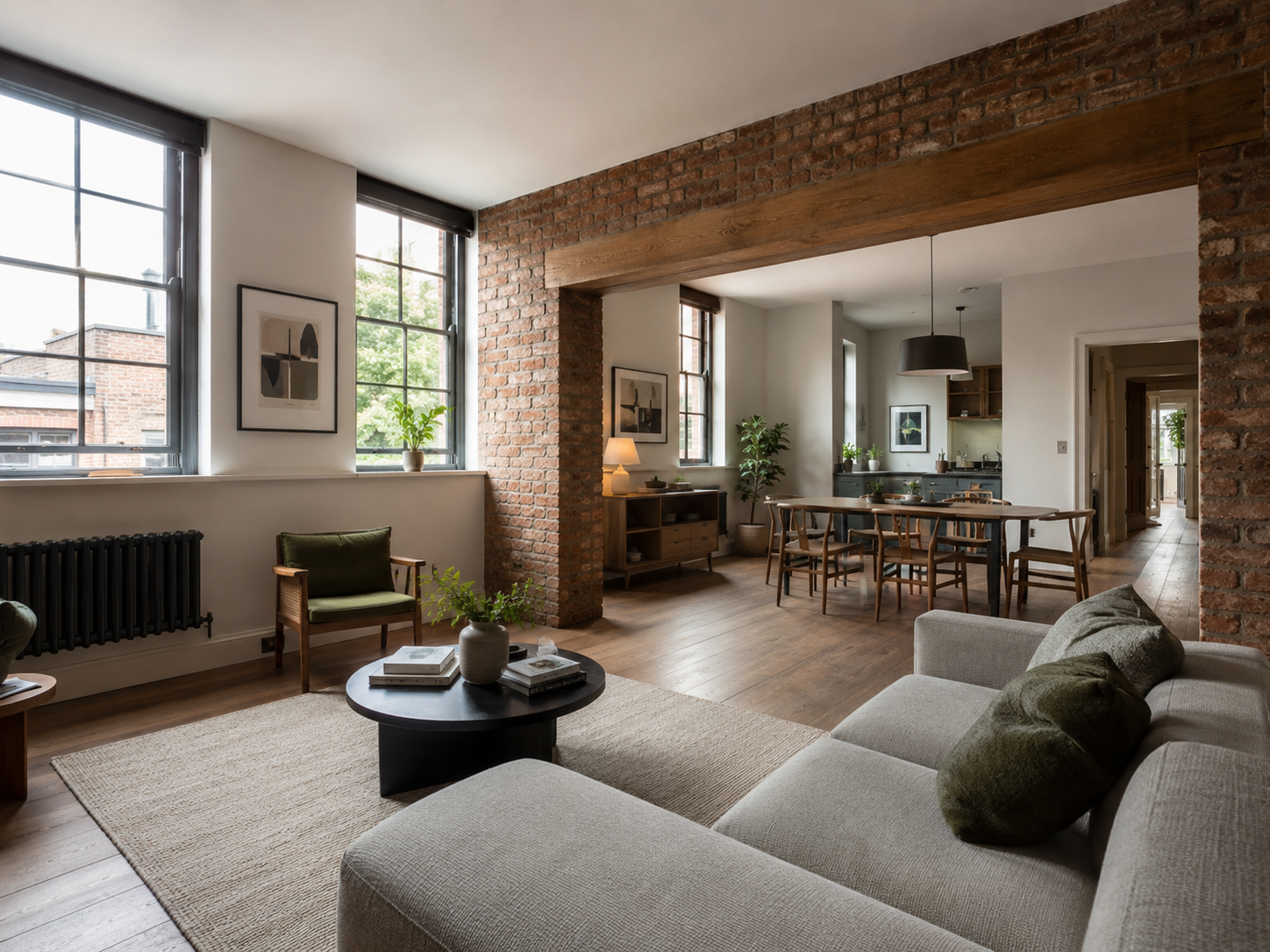 Spacious residential interior with living and dining areas and exposed brick.