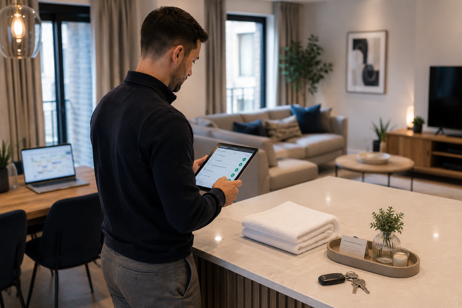 A short-let property manager completing a digital readiness check in a prepared apartment.
