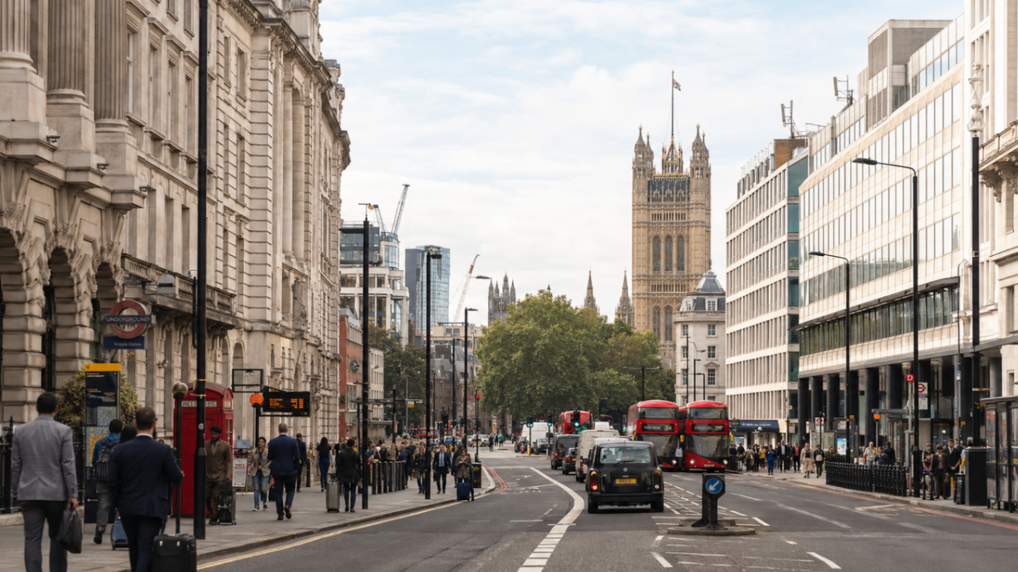Whitehall street view in Westminster with red double-decker buses and the Victoria Tower of Parliament in the distance, London.