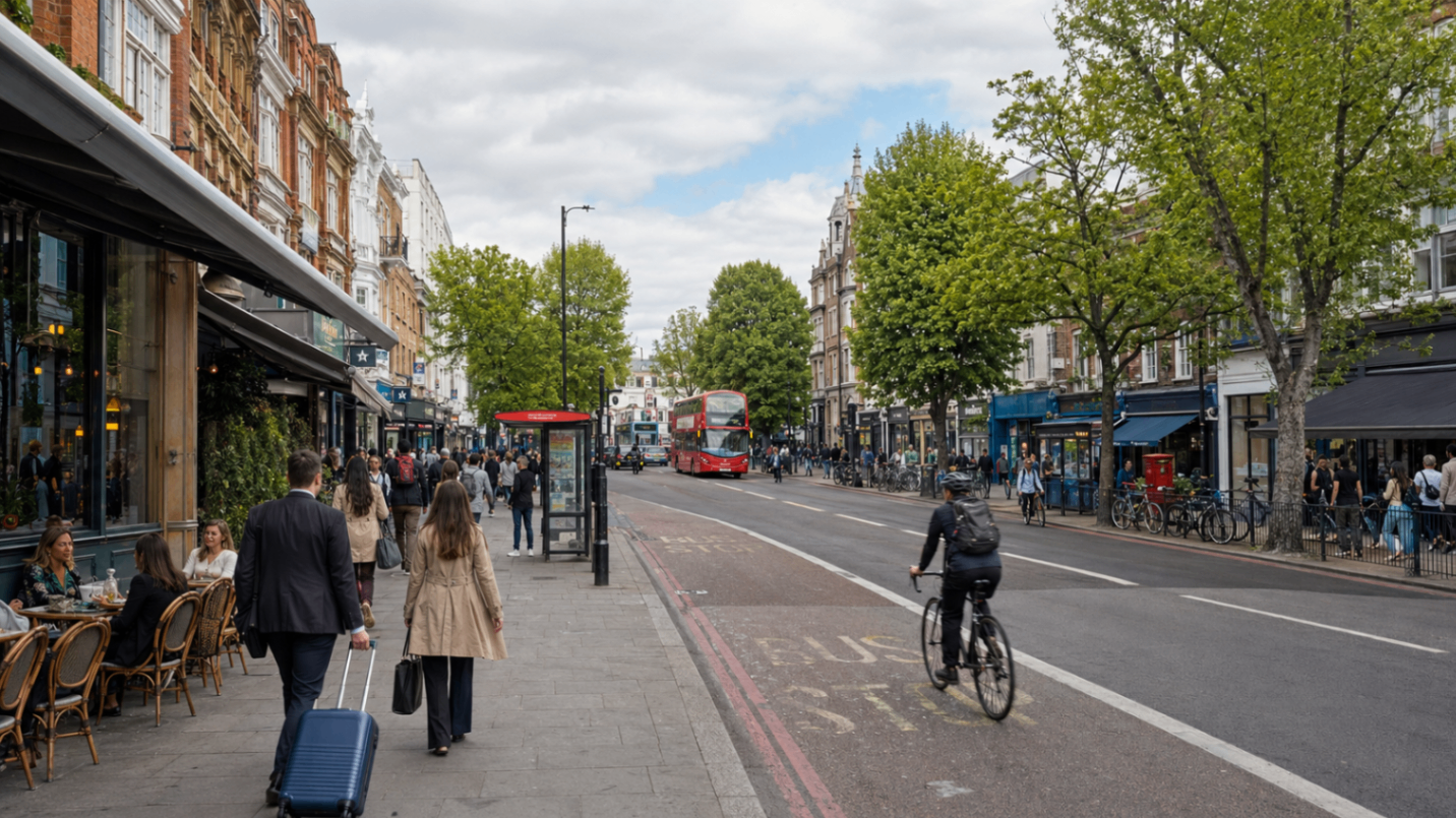 Busy Clapham high street with pavement cafe seating, shoppers and a red double-decker bus, London.