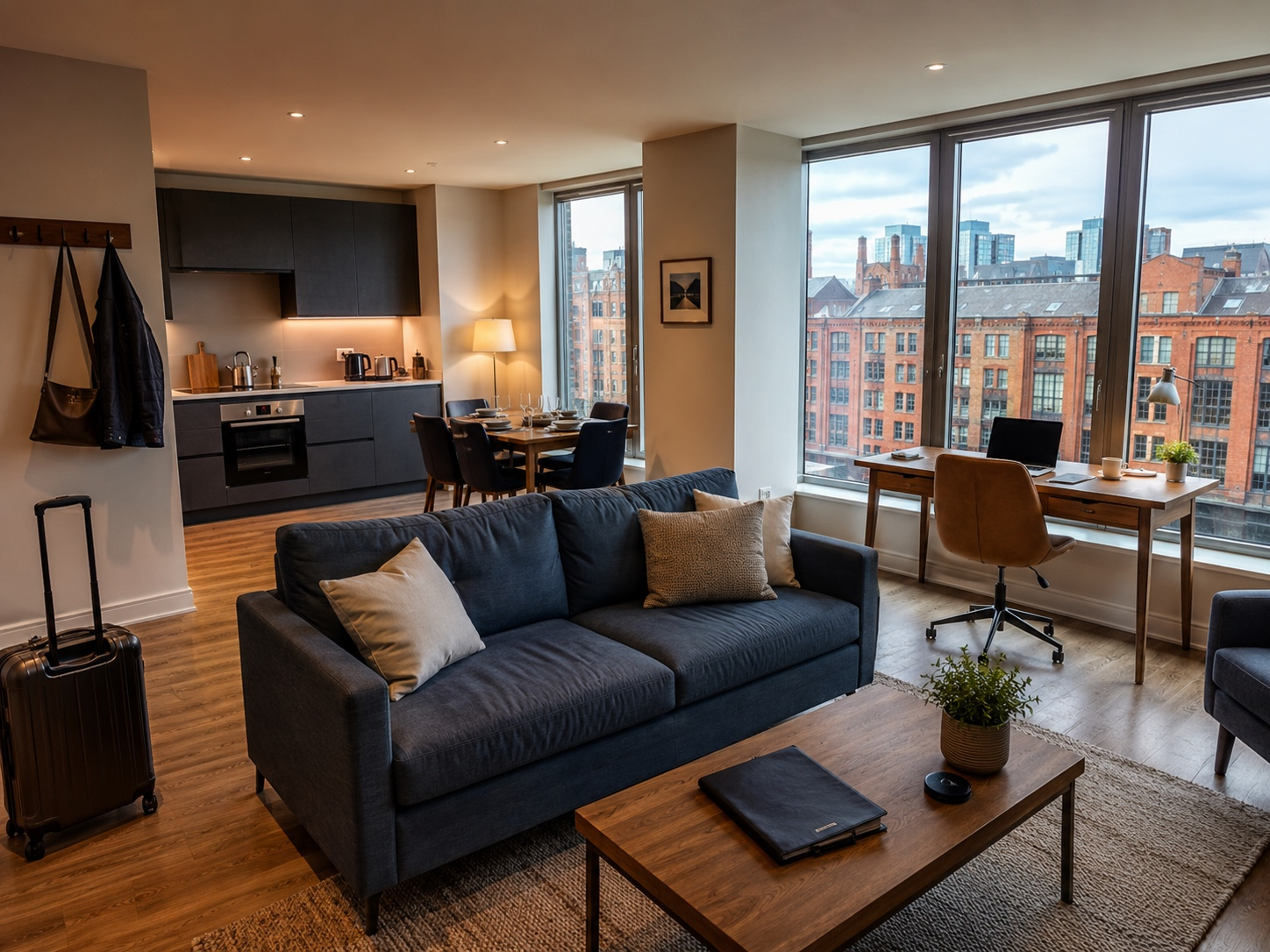 Modern Manchester apartment with a living area, workspace and city-centre view.