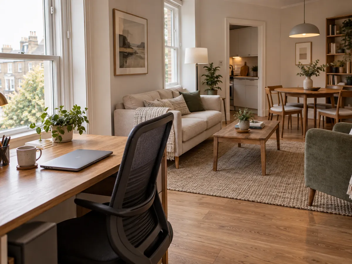 Apartment interior with a desk and laptop by the window, a sofa and bookshelves.