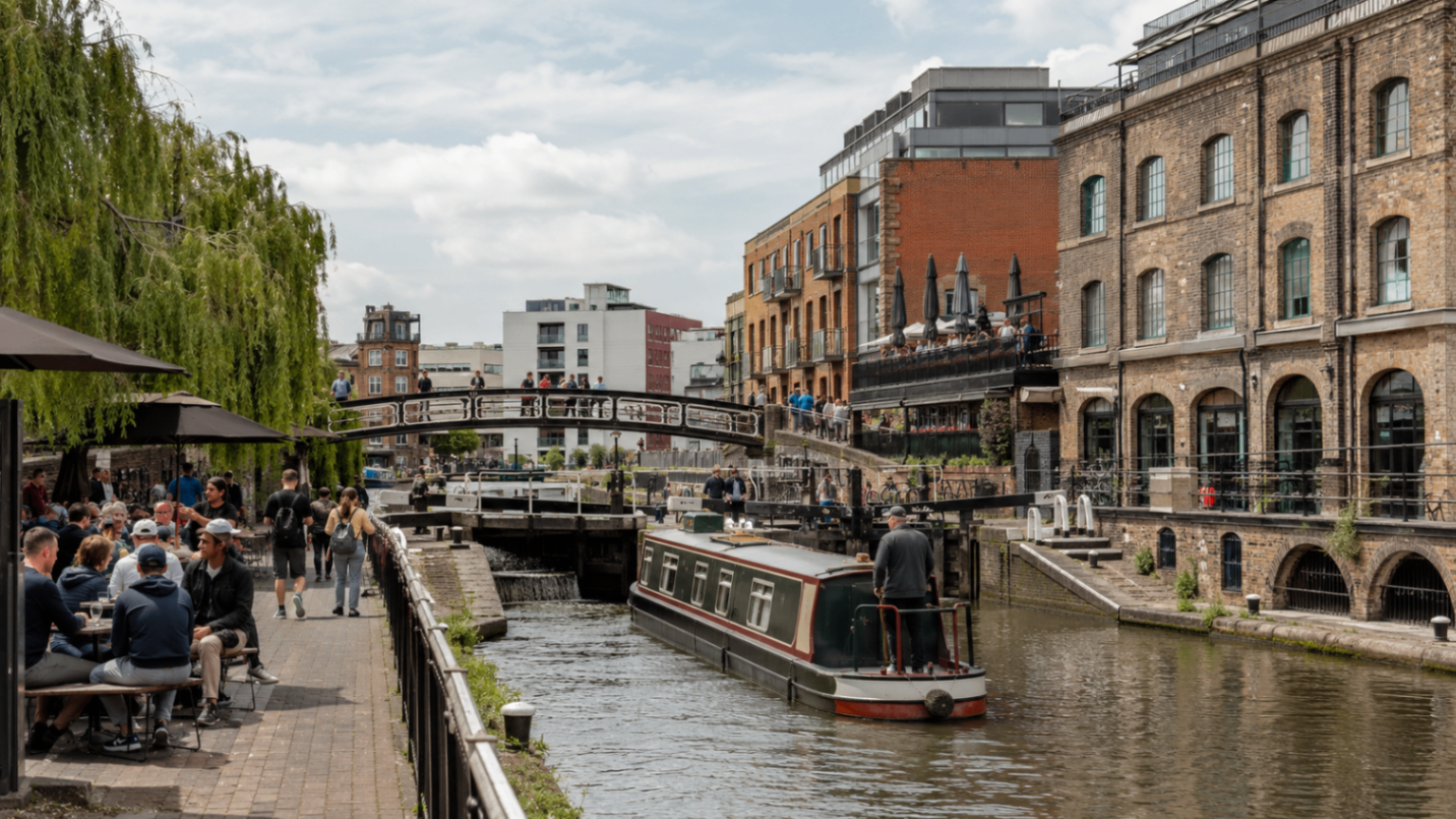 Regent's Canal at Camden Lock with a narrowboat, a pedestrian bridge and the historic brick market buildings, London.