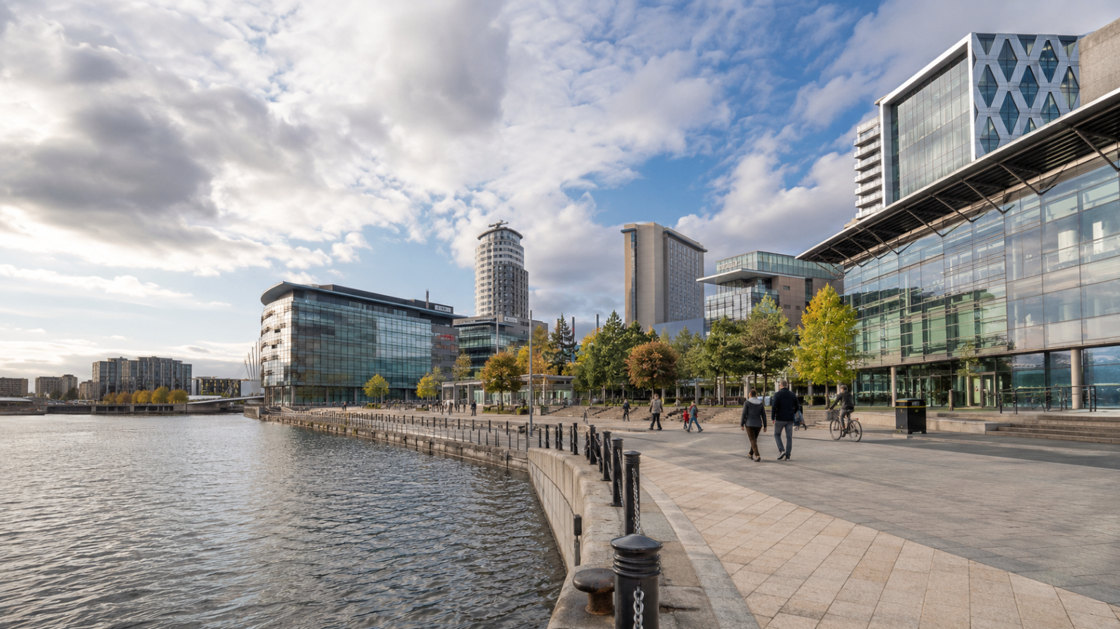 The MediaCityUK waterfront at Salford Quays, where Hostahome manages short-let apartments.