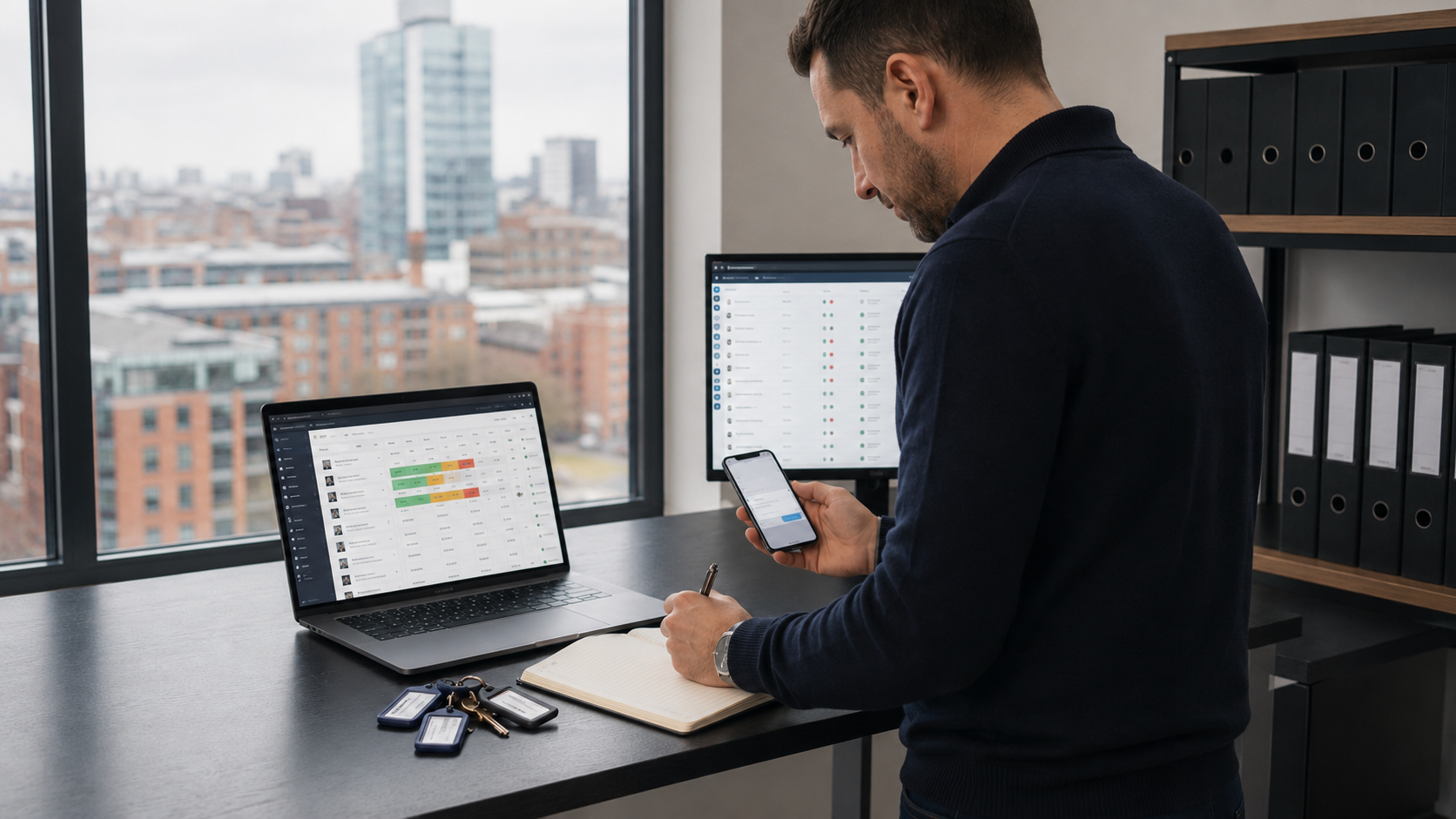 Property manager reviewing pricing and booking data from a Manchester office workspace.