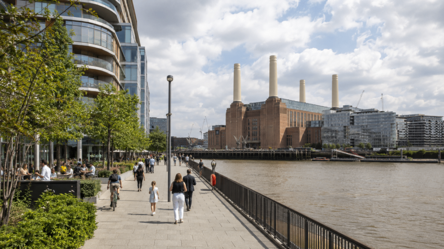 Battersea Power Station and its four chimneys seen from the Thames riverside promenade with modern apartments, London.