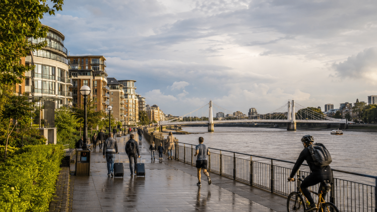 Riverside path along the Thames near Wandsworth with modern apartment blocks and Albert Bridge in the distance, London.