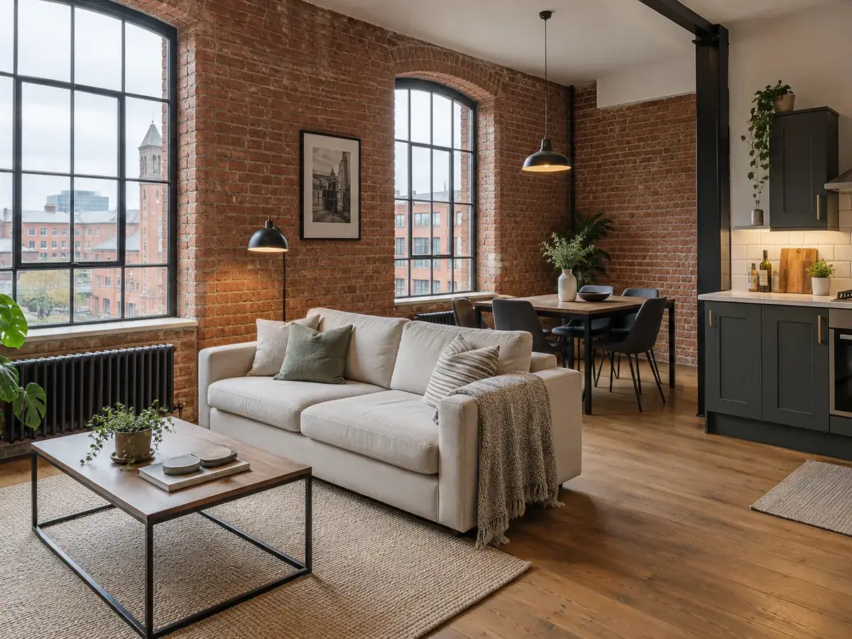 Living space with exposed brick walls, tall industrial windows and a dining table.