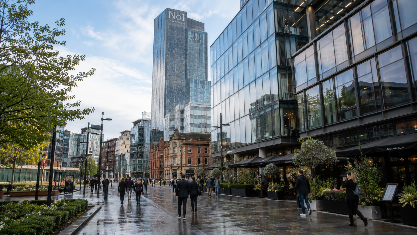 Spinningfields district in central Manchester, including the No1 Spinningfields tower.
