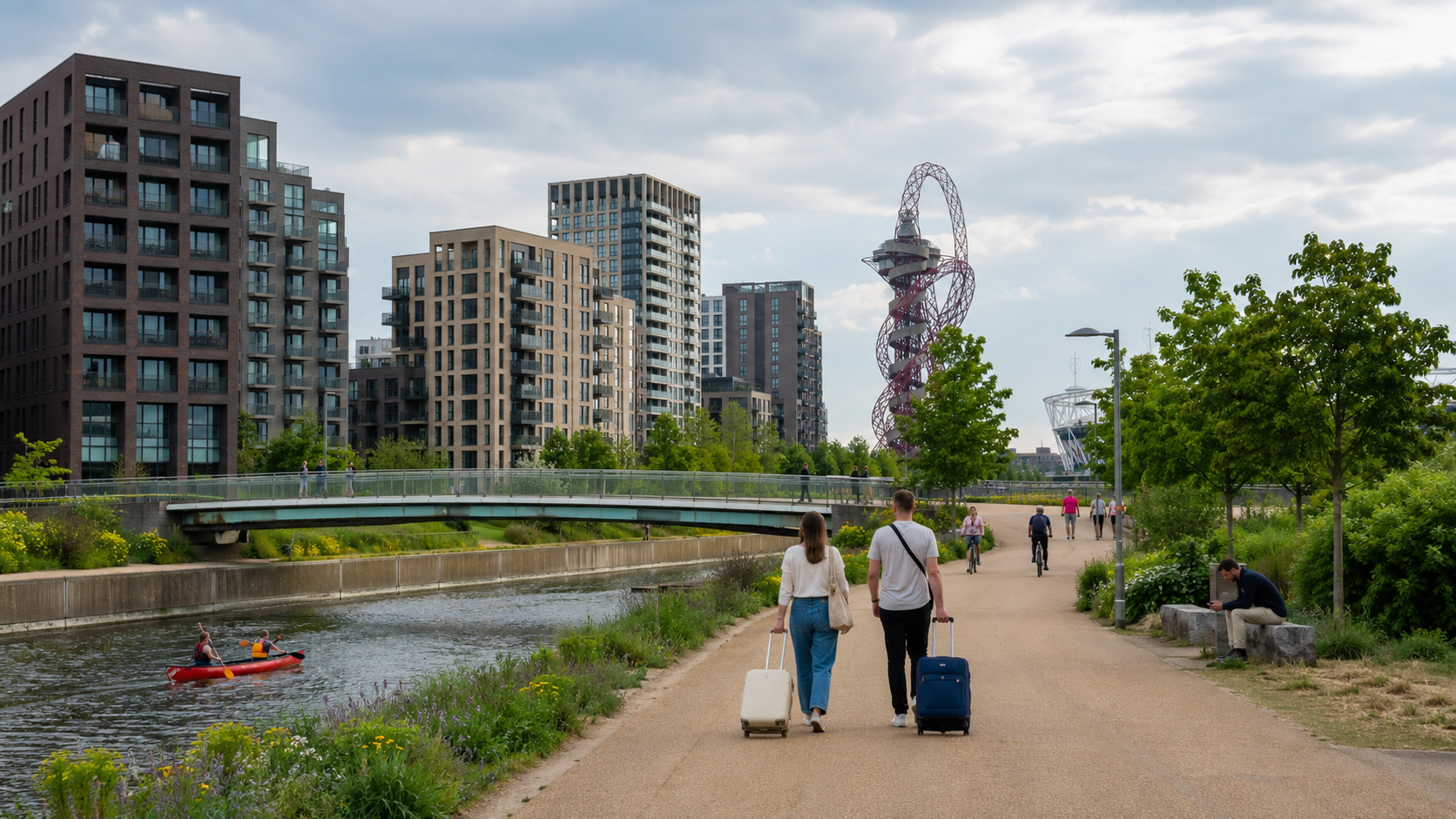 Waterside path in Stratford's Queen Elizabeth Olympic Park with people walking, new residential towers and the ArcelorMittal Orbit, east London.