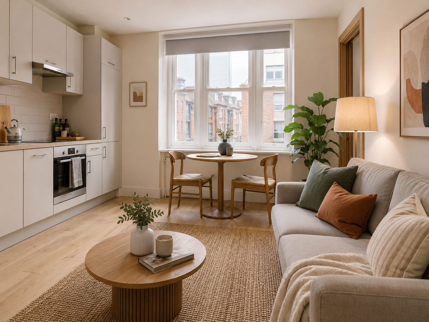 Compact contemporary apartment with an open-plan living area and kitchen.