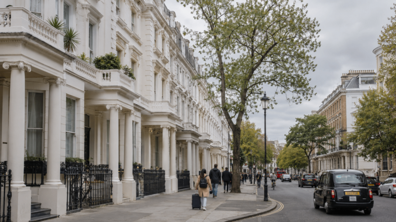 White stucco residential terraces on a tree-lined Kensington street with a black cab passing, London.