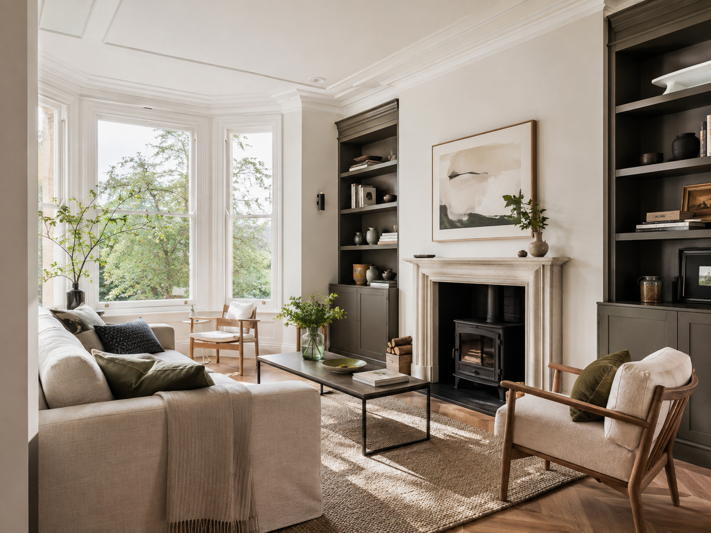 Refined period living room with a bay window, fireplace and built-in shelving.