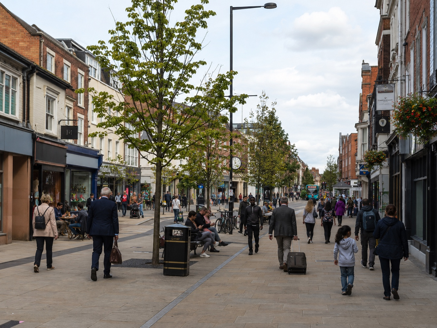 Pedestrianised high street with shops and shoppers in Watford town centre.