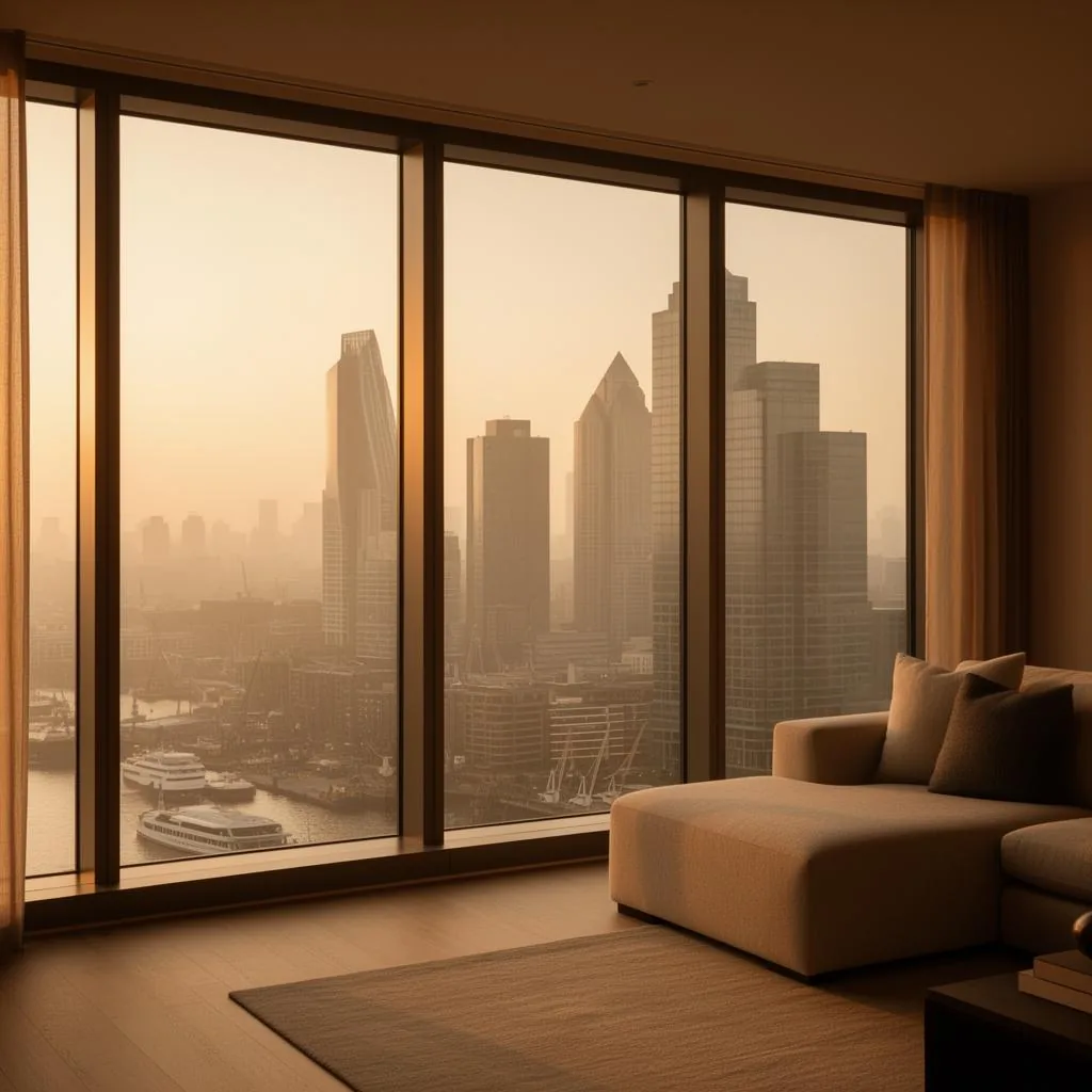 A modern high-rise apartment in the Canary Wharf towers, east London.