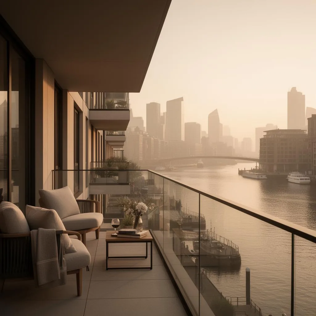 A contemporary waterside new-build apartment near Wood Wharf, Canary Wharf.