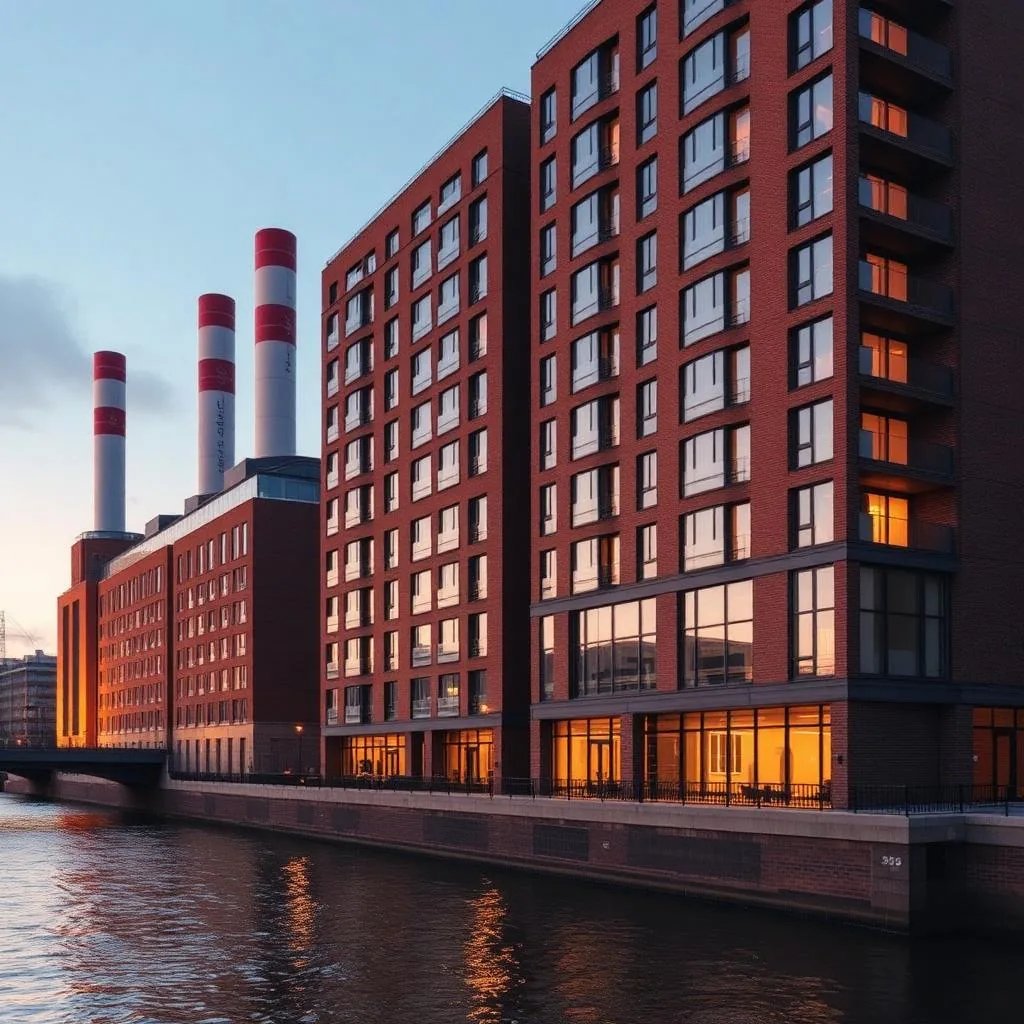 A new-build riverside apartment building exterior beside Battersea Power Station, with brick and glass façade.