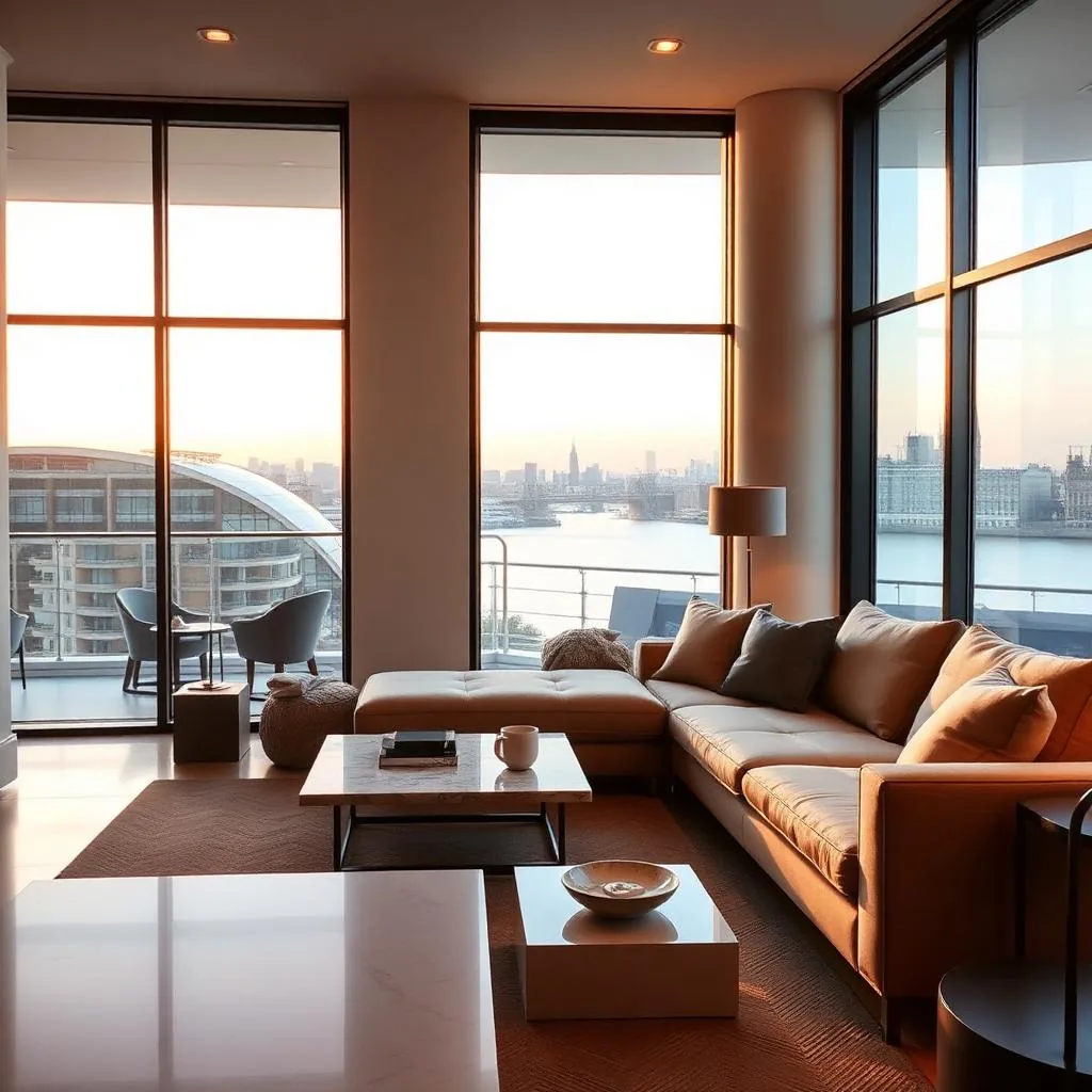 A sleek modern Battersea apartment living area with floor-to-ceiling windows showing a river view.