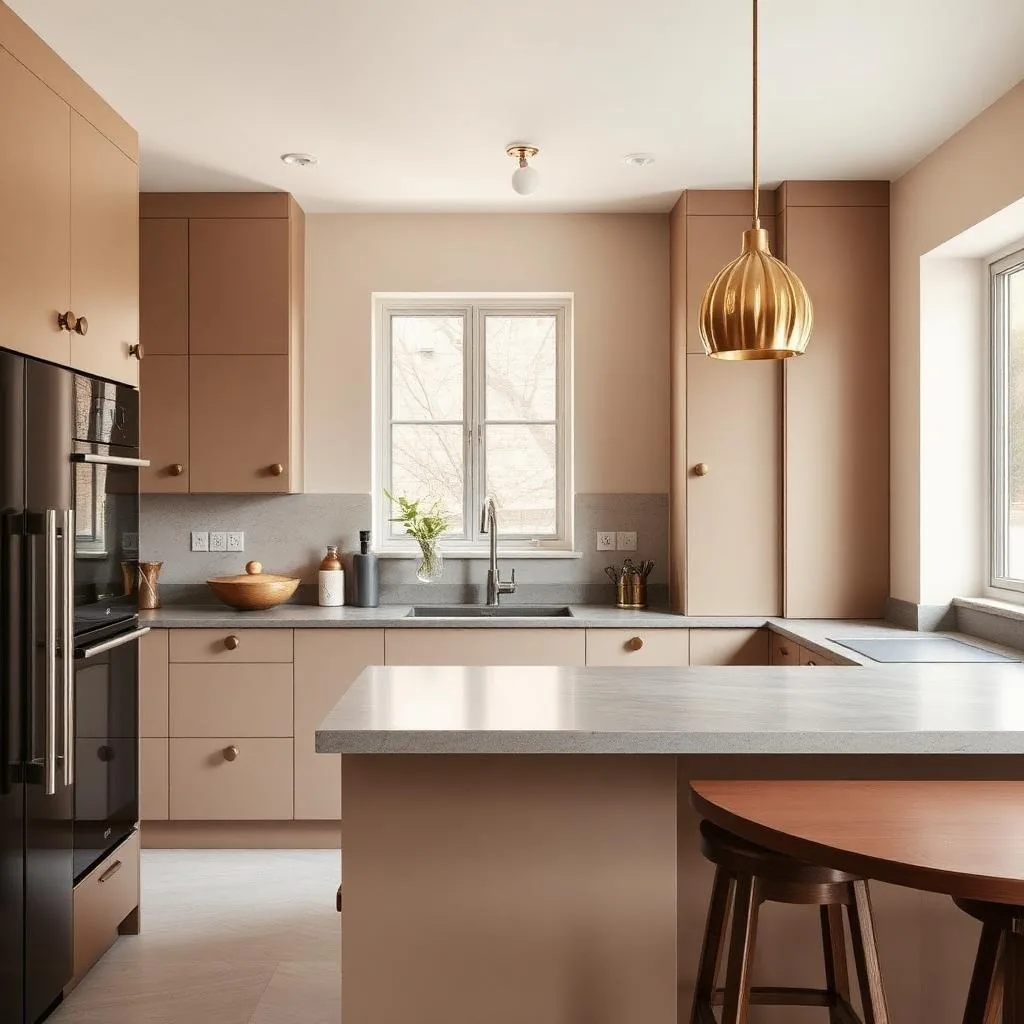 A stylish Battersea new-build kitchen with handleless cabinetry, stone worktop and brass pendant lights.
