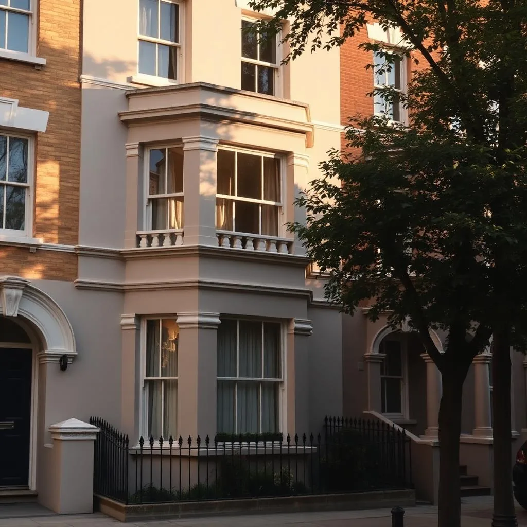 A Camden NW1 Victorian terraced house exterior with painted stucco bay window and railings on a tree-lined street.