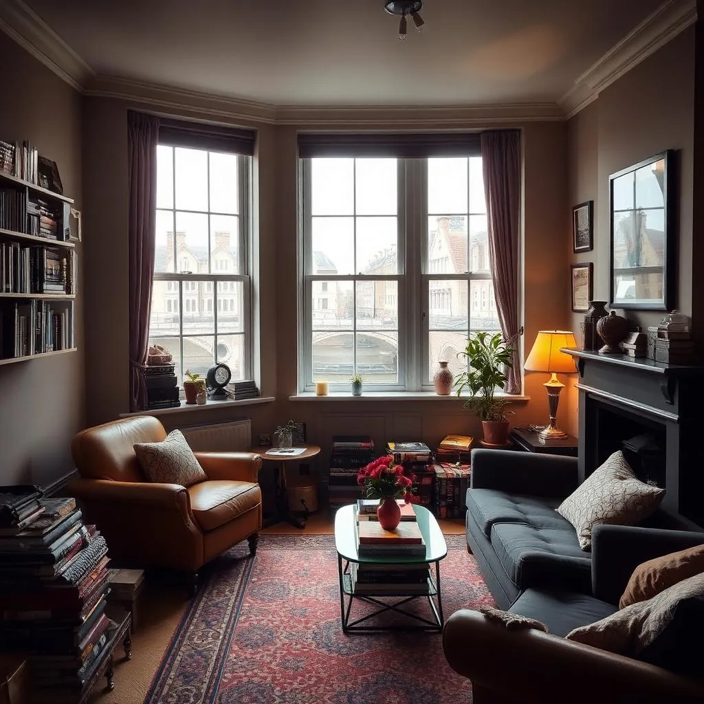 A cosy Camden flat living room with a glimpse of Regent's Canal through the window and eclectic vintage furnishings.