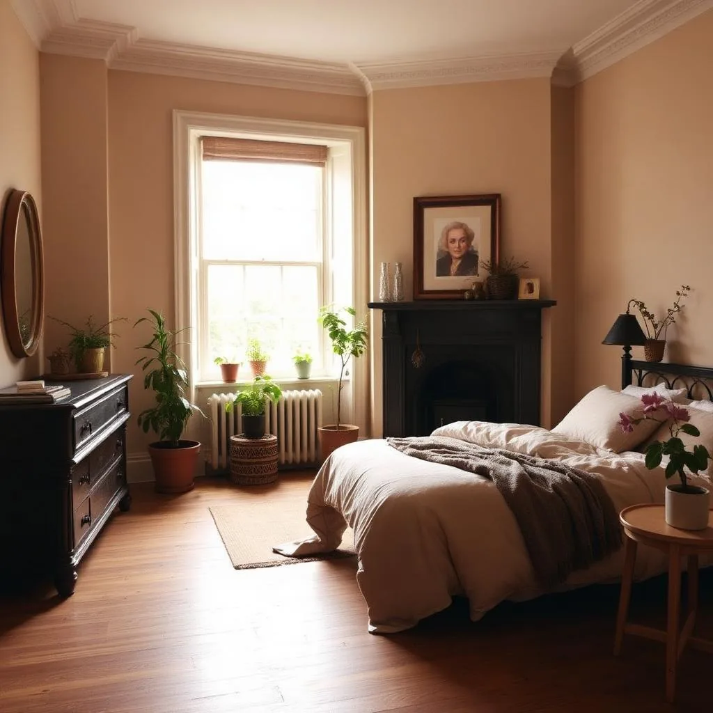 A Camden character bedroom with a cast-iron fireplace, original floorboards and neutral linen bedding.
