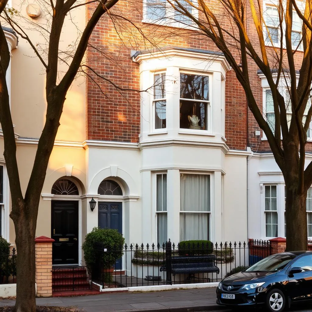 A Clapham SW4 Victorian terrace conversion exterior with painted stucco ground floor, brick above and a bay window.