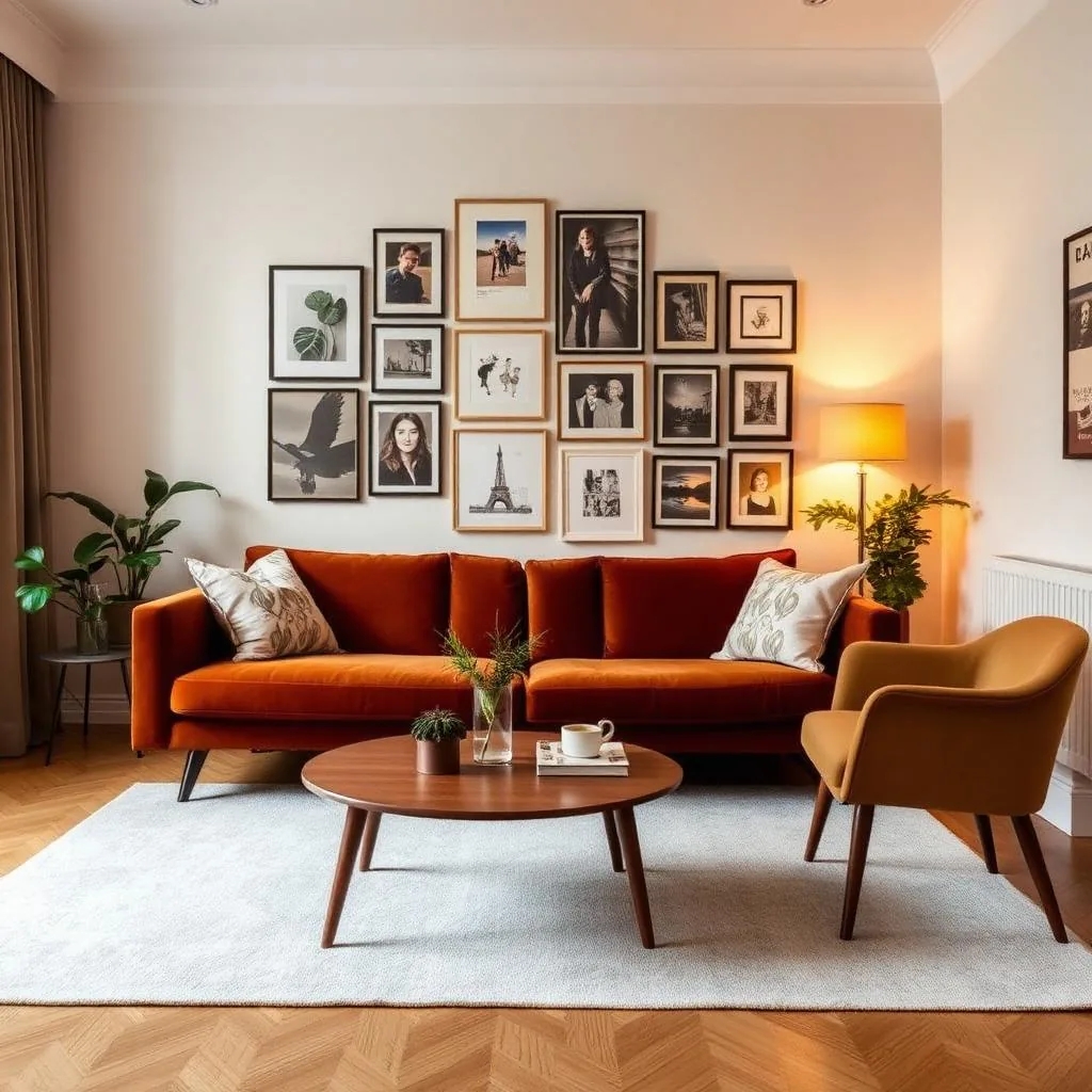 A stylish Clapham young-professional flat living room with velvet sofa, gallery wall and mid-century coffee table.