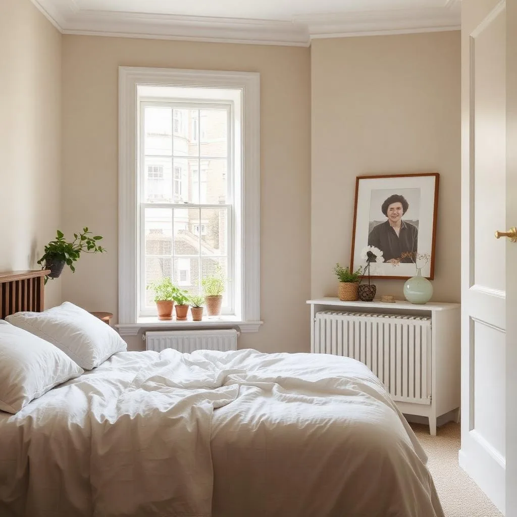 A bright Clapham conversion bedroom with linen bedding, neutral palette and an original sash window.