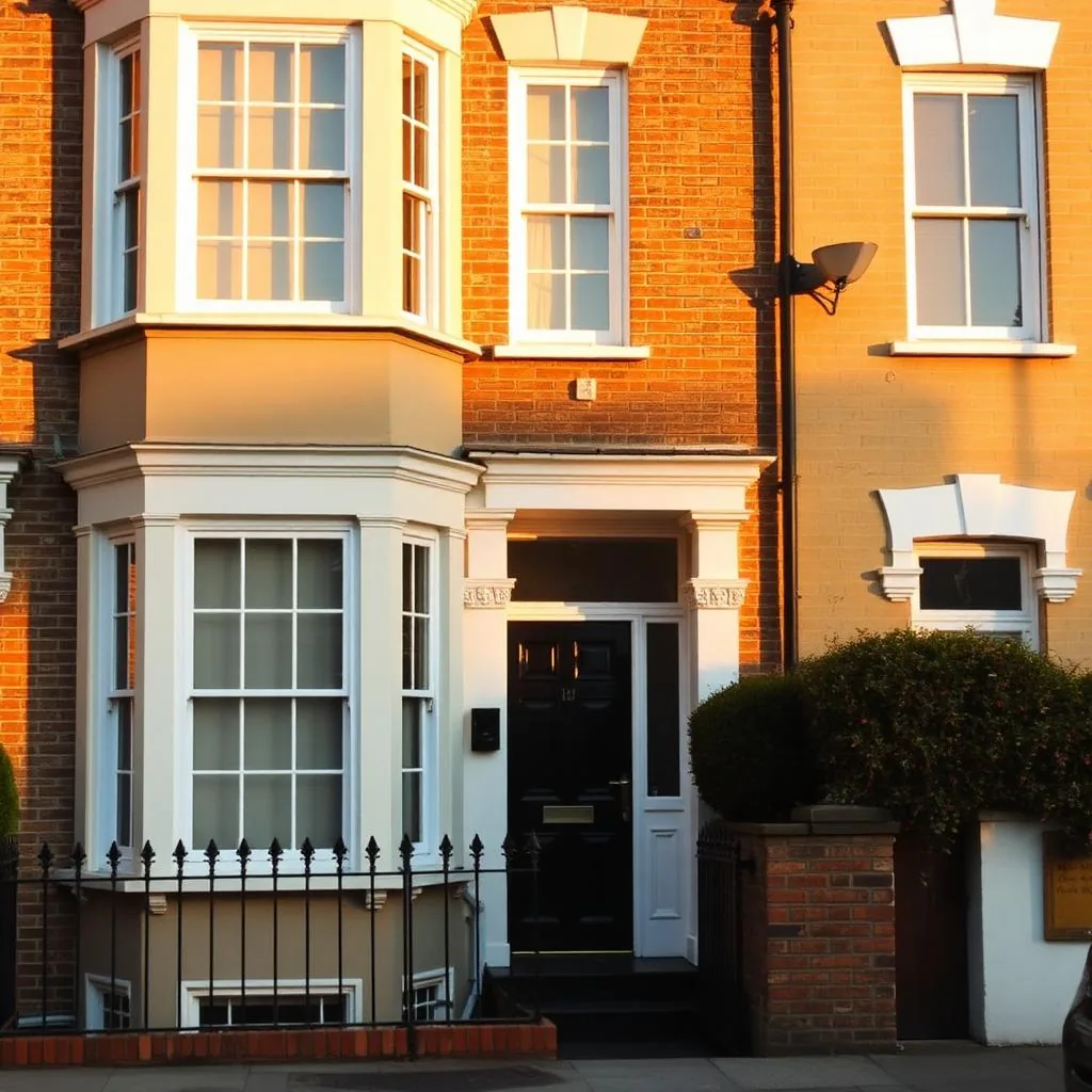 A Greenwich SE10 Georgian terraced house exterior with sash windows and a glossy front door on a quiet residential street.