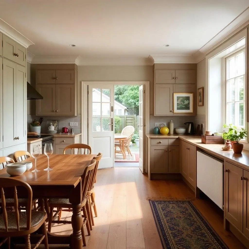 A Greenwich family kitchen-diner with a timber dining table, neutral cabinetry and French doors to a small garden.