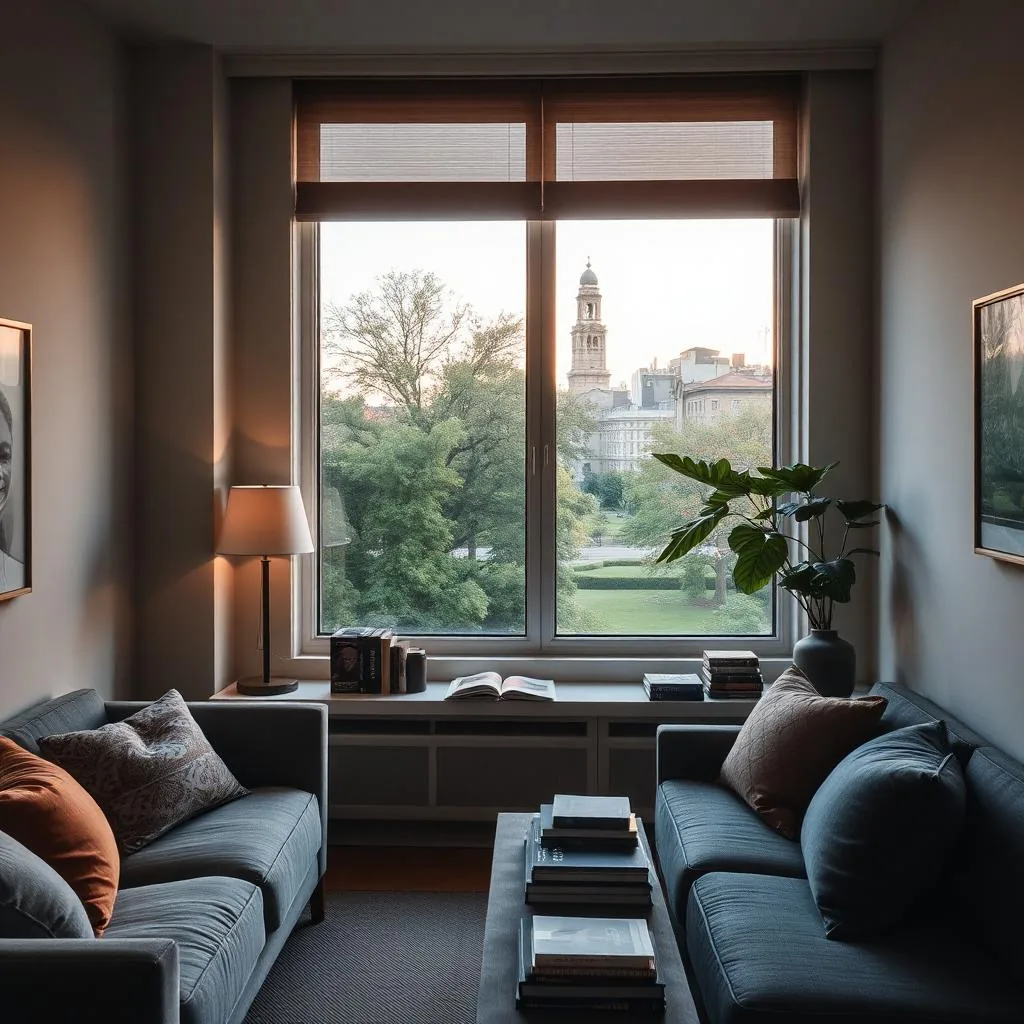 A Greenwich apartment living room with a window view towards Greenwich Park and a comfortable sofa.
