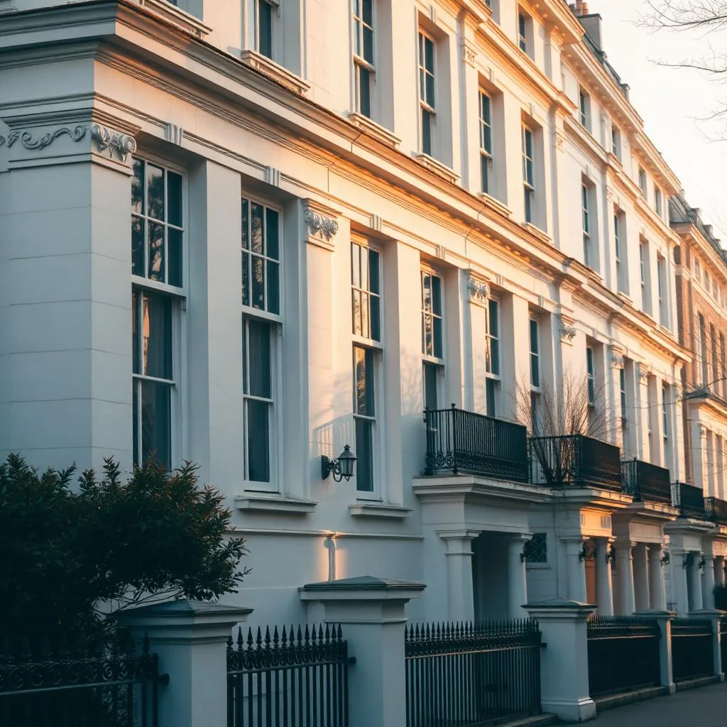 A white stucco-fronted Kensington mansion-block exterior with ornate cornicing and iron railings, west London.