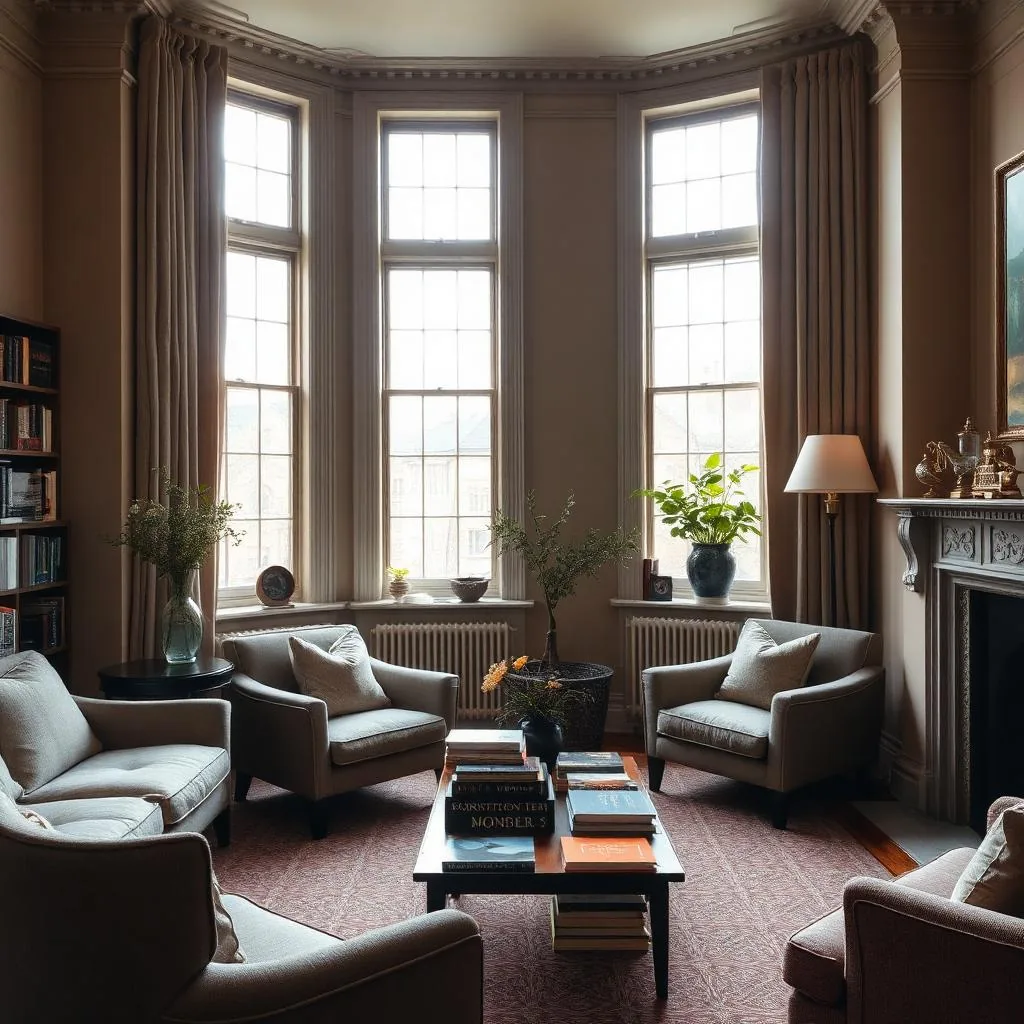 A Kensington period flat sitting room with tall sash windows, original cornicing and refined neutral furnishings.