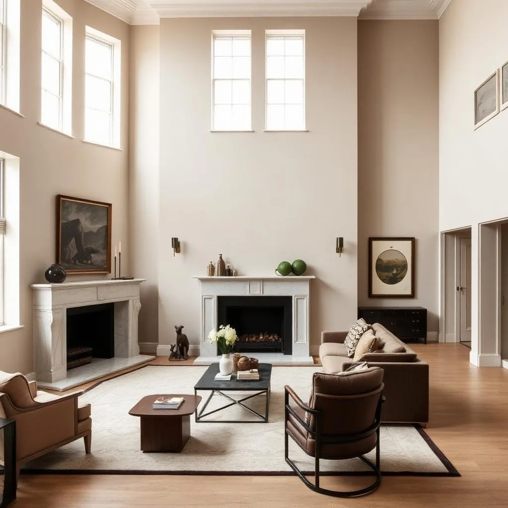 An elegant Kensington apartment living room with high ceilings, marble fireplace and a refined neutral palette.