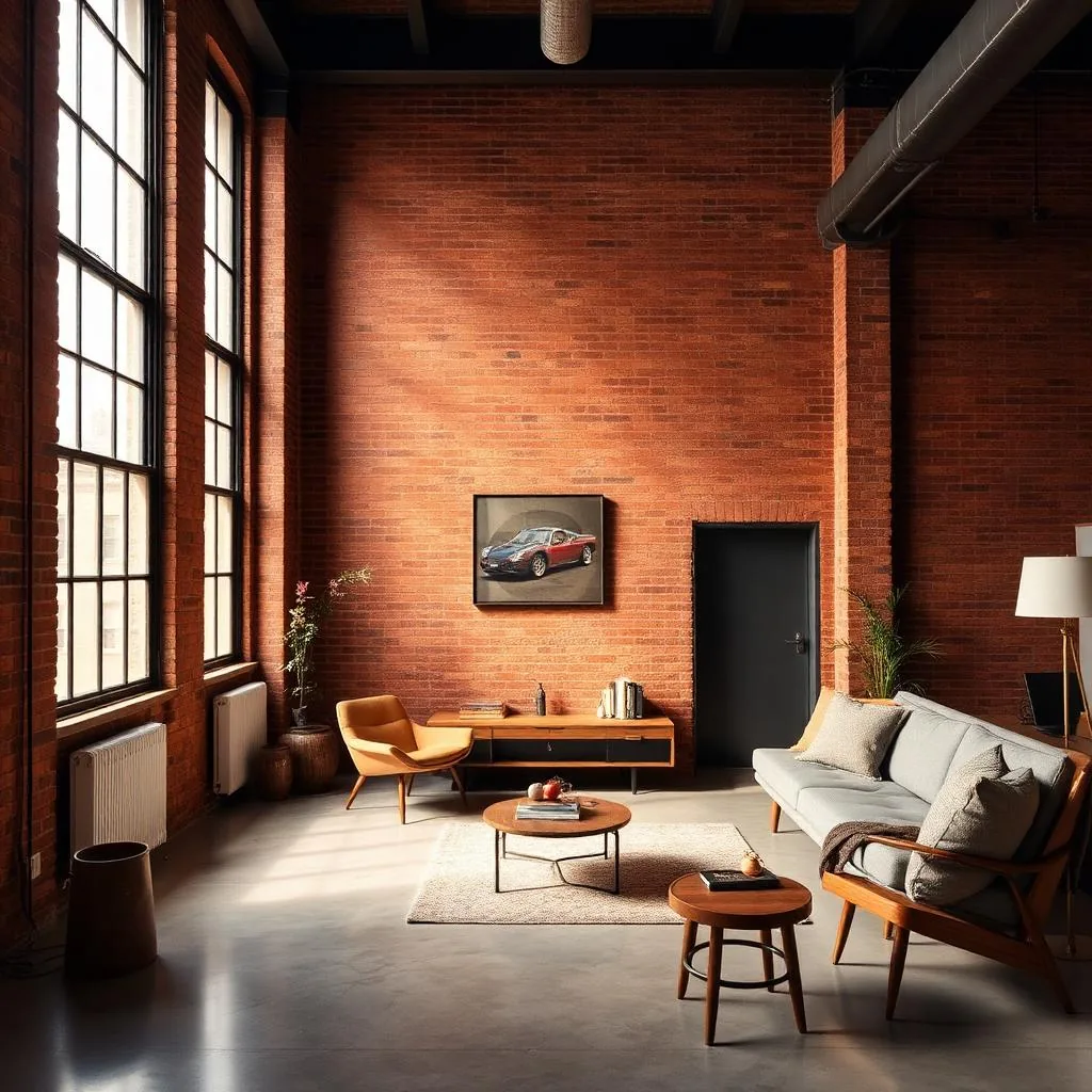 A converted Shoreditch warehouse loft apartment with exposed red brick, industrial-framed windows and mid-century furniture.