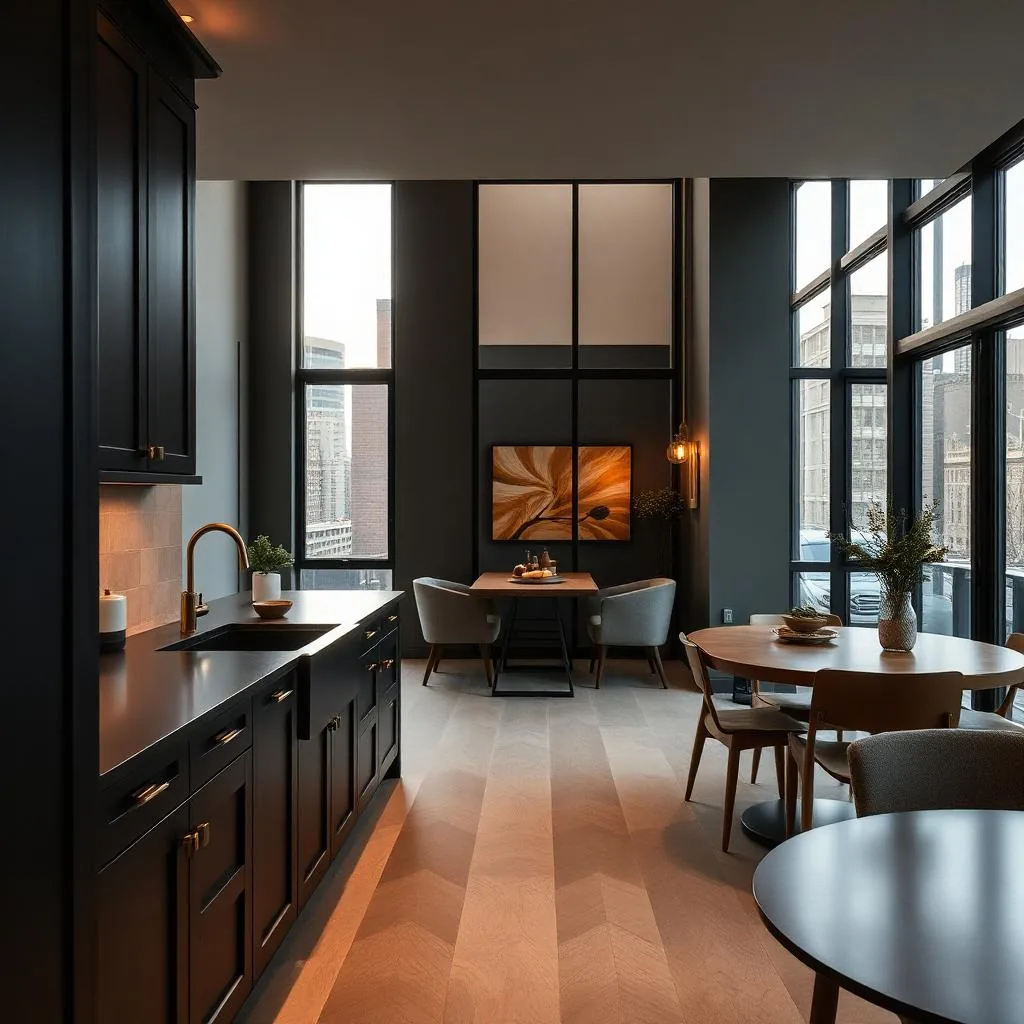 A modern Shoreditch new-build kitchen with dark cabinetry and brass fittings, open-plan living area beyond.