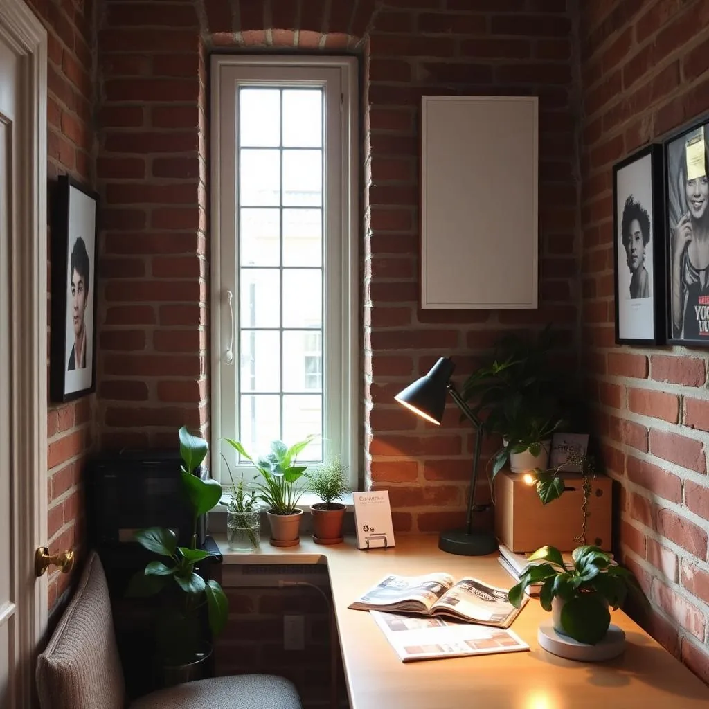 A creative Shoreditch apartment work-nook with a desk, plants and a brick wall, lit by a warm task lamp.